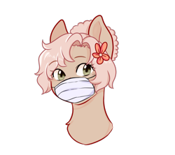 Size: 1800x1600 | Tagged: safe, artist:poofindi, oc, oc only, oc:mary jane, species:earth pony, species:pony, bust, coronavirus, covid-19, face mask, female, flower, flower in hair, mare, mask, ppe, simple background, solo, surgical mask, transparent background, ych example, your character here