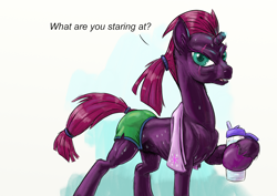 Size: 2000x1414 | Tagged: safe, artist:capt_hairball, character:fizzlepop berrytwist, character:tempest shadow, species:pony, species:unicorn, butt, clothing, glare, implied shipping, implied tempestlight, looking at you, partial nudity, ponytail, shorts, sweat, topless, towel, water bottle, workout outfit