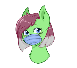 Size: 667x593 | Tagged: safe, alternate version, artist:poofindi, part of a set, oc, oc only, oc:watermelon success, species:earth pony, species:pony, bust, coronavirus, covid-19, face mask, female, gradient hair, mare, mask, simple background, solo, surgical mask, transparent background, ych result