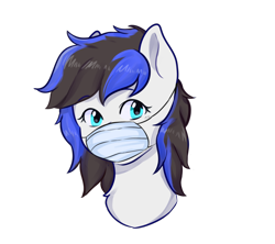 Size: 1800x1600 | Tagged: safe, artist:poofindi, oc, oc only, oc:black ice, species:pony, bust, commission, coronavirus, covid-19, face mask, female, mare, mask, ppe, simple background, solo, surgical mask, transparent background, two toned mane, ych result, your character here