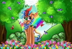Size: 1280x866 | Tagged: safe, artist:appleneedle, oc, oc only, species:kirin, species:pony, art, blossoms, bush, butterfly, character, cloud, colorful, colors, commission, digital art, drawing, fanart, finished commission, flower, hill, paint, painting, palindrome get, rainbow, sky, solo, soul, tree