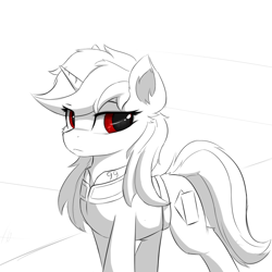 Size: 900x900 | Tagged: safe, artist:d.w.h.cn, oc, oc only, oc:blackjack, species:pony, species:unicorn, fallout equestria, fallout equestria: project horizons, clothing, female, mare, monochrome, neo noir, partial color, solo, vault suit