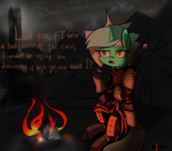 Size: 4000x3500 | Tagged: safe, artist:mjsw, character:lyra heartstrings, species:pony, species:unicorn, armor, bonfire, crossover, dark souls, female, fire, monologue, reference, solo, text