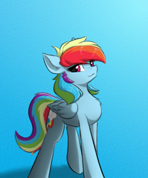 Size: 400x480 | Tagged: safe, artist:d.w.h.cn, character:rainbow dash, species:pegasus, species:pony, blue background, chest fluff, cute, dashabetes, female, front view, mare, pose, simple background, smiling, smirk, solo, wings