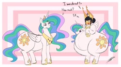 Size: 4096x2273 | Tagged: safe, artist:thespacepon3, character:princess celestia, oc, species:pony, butt, chubby, chubbylestia, clothing, costume, fat, huge belly, ponysuit, sunbutt