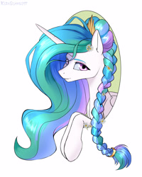 Size: 2000x2500 | Tagged: safe, artist:kirasunnight, character:princess celestia, species:alicorn, species:pony, alternate hairstyle, braid, braided ponytail, bust, crown, cute, cutelestia, female, flower in hair, grin, hair bun, high res, jewelry, lidded eyes, looking at you, mare, multicolored hair, portrait, regalia, signature, simple background, smiling, solo, white background