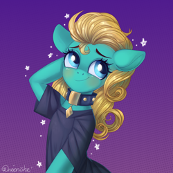 Size: 2000x2000 | Tagged: safe, artist:neonishe, oc, oc only, oc:professor sugarcube, species:earth pony, species:pony, blushing, clothing, cute, female, looking away, mare, pet collar, pet tag, shirt, solo, t-shirt