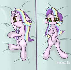 Size: 901x887 | Tagged: safe, artist:memengla, oc, oc only, species:pony, species:unicorn, bed sheets, blushing, body pillow, body pillow design, chest fluff, female, floppy ears, mare, not starlight glimmer, on back, on side, solo