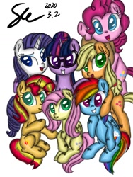 Size: 1080x1440 | Tagged: safe, artist:starflashing twinkle, character:applejack, character:fluttershy, character:pinkie pie, character:rainbow dash, character:rarity, character:sunset shimmer, character:twilight sparkle, character:twilight sparkle (scitwi), species:earth pony, species:pegasus, species:pony, species:unicorn, my little pony:equestria girls, bedroom eyes, clothing, cowboy hat, cutie mark, equestria girls ponified, eye, eyes, glasses, group photo, hat, humane five, humane seven, humane six, open mouth, photo, simple background, smiley face, tail, unicorn sci-twi, white background, wings