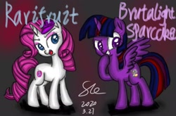 Size: 2431x1600 | Tagged: safe, artist:starflashing twinkle, character:rarity, character:twilight sparkle, character:twilight sparkle (alicorn), species:alicorn, species:pony, species:unicorn, anti-hero, anti-heroine, brutalight sparcake, confident, cutie mark, elements of insanity, eye, eyes, eyeshadow, general hat, hair, hooves, makeup, rarifruit, sexy, shadow, tail, tomboy, wild card, wings