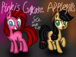Size: 2117x1600 | Tagged: safe, artist:starflashing twinkle, character:applejack, character:pinkie pie, species:pony, anti-hero, anti-heroine, applejack's hat, applepills, clothing, confident, cowboy hat, cutie mark, elements of insanity, eye, eyes, hat, hooves, open mouth, pinkis cupcake, shadow, smiling, tail, tomboy, wild card
