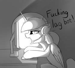 Size: 1000x900 | Tagged: safe, artist:d.w.h.cn, character:princess luna, species:alicorn, species:pony, angry, female, headset, monochrome, playing video games, solo, team fortress 2, valve, vulgar