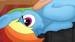 Size: 3840x2160 | Tagged: safe, artist:irisarco, character:rainbow dash, species:human, species:pegasus, species:pony, beautiful, carpet, clothing, cute, dashabetes, female, hoodie, human on pony snuggling, looking at you, mare, one eye closed, smiling, snuggling, tomboy, wooden floor