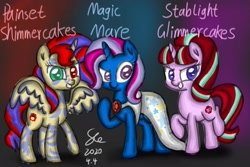 Size: 2395x1600 | Tagged: safe, artist:starflashing twinkle, character:starlight glimmer, character:sunset shimmer, character:trixie, oc, oc:stablight glimmercakes, species:alicorn, species:pony, species:unicorn, antagonist, cloak, clothing, elements of insanity, evil, evil grin, eye, eyes, female, gem, grin, hat, heterochromia, hooves, magic mare, mare, multicolored eyes, painset shimmercakes, s5 starlight, shadow, smiling, stars, tail, tomboy, villainess, wings