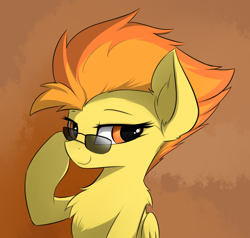 Size: 850x810 | Tagged: safe, artist:d.w.h.cn, character:spitfire, species:pegasus, species:pony, bust, chest fluff, ear fluff, female, looking at you, mare, smiling, smirk, solo, sunglasses