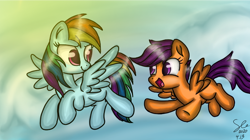 Size: 720x404 | Tagged: safe, artist:starflashing twinkle, character:rainbow dash, character:scootaloo, species:pegasus, species:pony, cloud, cute, cutealoo, dashabetes, eye, eyes, flying, happy, hooves, open mouth, scootaloo can fly, scootalove, sky, sunshine, wings