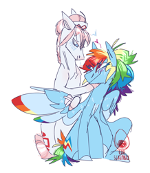 Size: 997x1144 | Tagged: safe, artist:eqq_scremble, derpibooru original, character:nurse redheart, character:rainbow dash, species:earth pony, species:pegasus, species:pony, backwards cutie mark, bandage, clothing, colored hooves, colored wings, colored wingtips, crack shipping, duo, female, hat, headcanon, lesbian, looking at each other, nurse hat, rainheart, shipping, simple background