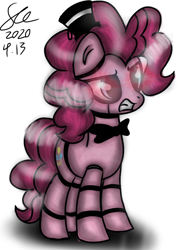 Size: 600x800 | Tagged: safe, artist:starflashing twinkle, character:pinkie pie, species:pony, bow tie, clothing, crossover, cutie mark, evil, female, five nights at freddy's, freddy fazbear, glowing eyes, hat, pinkie bot, robot, robot pony, roboticization, shadow, solo