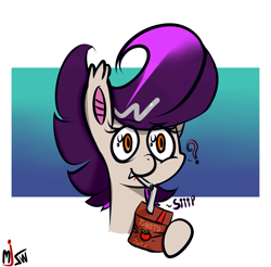 Size: 2567x2528 | Tagged: safe, artist:mjsw, oc, oc only, species:bat pony, species:pony, female, juice, juice box, mare, question mark, sipping, solo