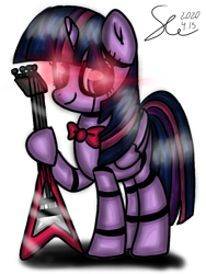 Size: 600x800 | Tagged: safe, artist:starflashing twinkle, character:twilight sparkle, character:twilight sparkle (alicorn), species:alicorn, species:pony, bonnie, bow tie, cutie mark, evil, female, five nights at freddy's, glowing eyes, guitar, hooves, musical instrument, robot, robot pony, roboticization, shadow, solo, tail, twibot, wings