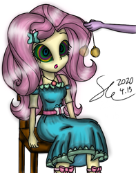Size: 567x720 | Tagged: safe, artist:starflashing twinkle, character:fluttershy, my little pony:equestria girls, belt, butterfly, chair, clothing, dress, eye, eyes, hairpin, hand, hypnosis, implied sci-twi, pendulum swing, pocket watch, simple background, sitting, swirly eyes, white background