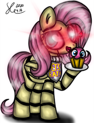 Size: 720x944 | Tagged: safe, artist:starflashing twinkle, character:fluttershy, species:pegasus, species:pony, animatronic, bib, chica, crossover, cupcake, evil, female, five nights at freddy's, flutterchica, food, glowing eyes, hooves, open mouth, robot, robot pony, roboticization, solo, tail, wings