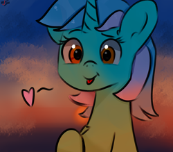 Size: 4000x3500 | Tagged: safe, artist:mjsw, character:lyra heartstrings, species:pony, species:unicorn, cute, female, high res, lyrabetes, mare, mlem, raised hoof, silly, sky, solo, sunset, tongue out