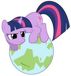 Size: 4981x5313 | Tagged: dead source, safe, artist:dentist73548, character:twilight sparkle, character:twilight sparkle (unicorn), species:pony, species:unicorn, episode:secret of my excess, g4, my little pony: friendship is magic, absurd resolution, crouching, cute, female, frown, glare, globe, mare, planet, simple background, solo, tangible heavenly object, transparent background, twilight cat, vector