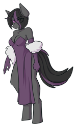 Size: 1207x2048 | Tagged: safe, artist:earthpone, oc, oc only, oc:mimicry, species:anthro, species:pony, species:unguligrade anthro, anthro oc, breasts, bug pony, cleavage, clothing, commission, evening gloves, eye clipping through hair, female, fluffy, gloves, grumpy, insect, long gloves, mare, simple background, solo, transparent background