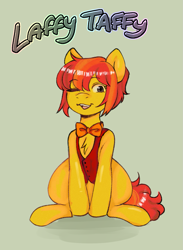 Size: 1203x1647 | Tagged: safe, artist:poofindi, oc, oc only, oc:laffy taffy, species:earth pony, species:pony, bow tie, clothing, female, mare, one eye closed, sitting, smiling, solo, text