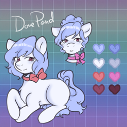Size: 2000x2000 | Tagged: safe, artist:poofindi, oc, oc only, oc:dove pond, species:earth pony, species:pony, choker, collar, color palette, female, heart, mare, reference sheet, ribbon, solo, text