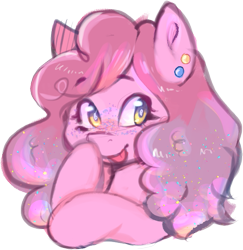 Size: 583x600 | Tagged: safe, artist:poofindi, oc, oc only, oc:confetti storm, species:pegasus, species:pony, bust, confetti, ear piercing, female, freckles, gradient eyes, mare, piercing, simple background, solo, tongue out, transparent background