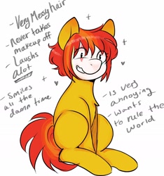 Size: 1558x1668 | Tagged: safe, artist:poofindi, oc, oc only, oc:laffy taffy, species:earth pony, species:pony, clown makeup, female, makeup, mare, sitting, solo, text