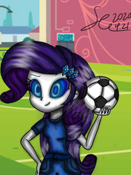 Size: 1200x1600 | Tagged: safe, artist:starflashing twinkle, character:rarity, my little pony:equestria girls, female, football, hairpin, hand, hypnosis, hypnotized, personality change, playground, solo, spiral, sports, sports outfit, swirly eyes