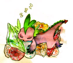 Size: 700x609 | Tagged: safe, artist:muura, character:spike, species:dragon, gem, male, pile, sleeping, solo, zzz
