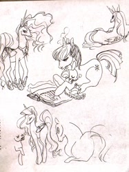 Size: 600x804 | Tagged: safe, artist:muura, character:princess celestia, character:spike, character:twilight sparkle, species:alicorn, species:dragon, species:pony, species:unicorn, book, female, hug, male, mare, monochrome, prone, reading, sketch, sketch dump, traditional art