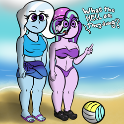 Size: 3200x3200 | Tagged: safe, artist:mrcakesboi, character:starlight glimmer, character:trixie, my little pony:equestria girls, beach, beanie, clothing, eye clipping through hair, female, hat, sports, swimsuit, text, volleyball