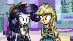 Size: 1280x720 | Tagged: safe, artist:starflashing twinkle, character:applejack, character:rarity, ship:rarijack, g4, my little pony: equestria girls, my little pony:equestria girls, applejack's hat, blushing, body swap, clothes swap, clothing, cowboy hat, crossed arms, eye swap, female, geode of shielding, geode of super strength, hairpin, hat, lesbian, looking at each other, magical geodes, open mouth, shipping, skirt, surprised