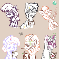 Size: 4000x4000 | Tagged: safe, artist:mjsw, character:autumn blaze, character:nurse redheart, character:star dancer, oc, oc:necropone, oc:thingpone, species:kirin, species:pony, female, magic, mare, mouth hold, simple background, sketch