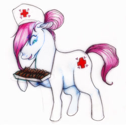 Size: 550x548 | Tagged: safe, artist:muura, character:nurse redheart, species:earth pony, species:pony, female, floppy ears, gingerbread (food), mare, raised hoof, solo, tray