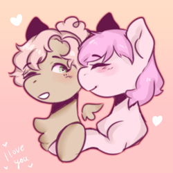 Size: 2000x2000 | Tagged: safe, artist:poofindi, oc, oc only, oc:kayla, oc:mary jane, species:earth pony, species:pegasus, species:pony, duo, female, kayry, kiss on the cheek, kissing, lesbian, mare, oc x oc, shipping, smiling, text