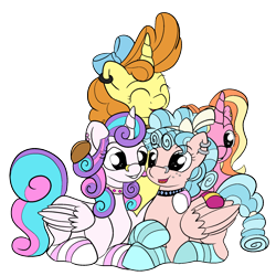 Size: 1900x1900 | Tagged: safe, artist:appleneedle, artist:icey-wicey-1517, edit, character:cozy glow, character:luster dawn, character:princess flurry heart, character:pumpkin cake, species:alicorn, species:pegasus, species:pony, species:unicorn, ship:cozyheart, ship:flurrydawn, ship:pumpkinheart, alternate hairstyle, bow, choker, clothing, collaboration, color edit, colored, ear piercing, earring, eyes closed, female, flurry heart gets all the mares, freckles, grin, hair bow, hug, jewelry, lesbian, mare, nose piercing, nose ring, older, older cozy glow, older flurry heart, older pumpkin cake, open mouth, piercing, polyamory, shipping, simple background, sitting, smiling, socks, striped socks, transparent background