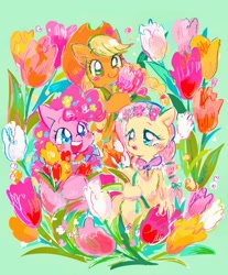 Size: 843x1018 | Tagged: safe, artist:osawari64, character:applejack, character:fluttershy, character:pinkie pie, species:earth pony, species:pegasus, species:pony, alternate hairstyle, blushing, cute, female, flower, flower in hair, folded wings, green background, mare, open mouth, simple background, smiling, trio, wings