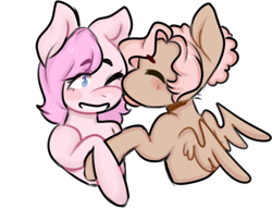 Size: 586x448 | Tagged: safe, artist:poofindi, oc, oc only, oc:kayla, oc:mary jane, species:earth pony, species:pegasus, species:pony, eyes closed, female, kayry, kissing, lesbian, mare, oc x oc, one eye closed, shipping, simple background, transparent background