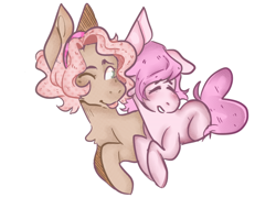 Size: 1280x924 | Tagged: safe, artist:poofindi, oc, oc only, oc:kayla, oc:mary jane, species:pony, chest fluff, duo, eyes closed, female, kayry, lesbian, mare, oc x oc, one eye closed, shipping, size difference, tongue out