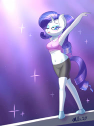 Size: 1500x2000 | Tagged: safe, artist:melliedraws, character:rarity, species:anthro, species:plantigrade anthro, armpits, beam, blushing, clothing, compression shorts, female, gymnastics, one eye closed, pose, sexy, shorts, showing off, socks, solo, sports bra, sports shorts, stylish, sultry pose, wink