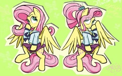 Size: 1280x798 | Tagged: safe, artist:sallycars, character:fluttershy, species:pegasus, species:pony, blouse, boop, clothing, cute, eye clipping through hair, female, fluttershy day, ms paint, mspaintponies fanart, necktie, older, older fluttershy, school uniform, shyabetes, skirt, solo
