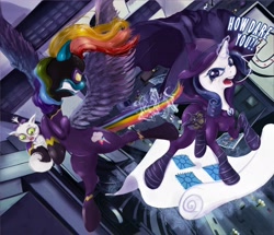 Size: 2500x2149 | Tagged: dead source, safe, artist:miradge, character:mare do well, character:opalescence, character:rainbow dash, character:rarity, clothing, costume, dialogue, fight, glowing horn, latex, latex suit, shadowbolt dash, shadowbolts, shadowbolts costume, unmasked