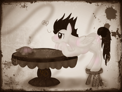 Size: 1400x1050 | Tagged: safe, artist:sevenada, character:soarin', heart, pie, table, that pony sure does love pies
