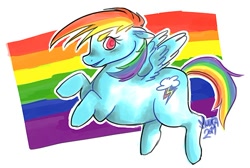 Size: 500x335 | Tagged: safe, artist:muura, character:rainbow dash, species:pegasus, species:pony, female, flag, flying, gay pride, gay pride flag, lgbt, mare, pride, pride flag, solo